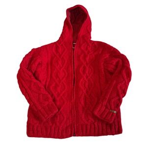 Namaste L Red Cable Knit Wool Fleece Lined Hood Zip Sweater Jacket Made in Nepal